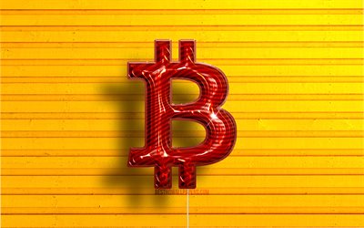 Bitcoin logo, 4K, red realistic balloons, cryptocurrency, Bitcoin 3D logo, yellow wooden backgrounds, Bitcoin