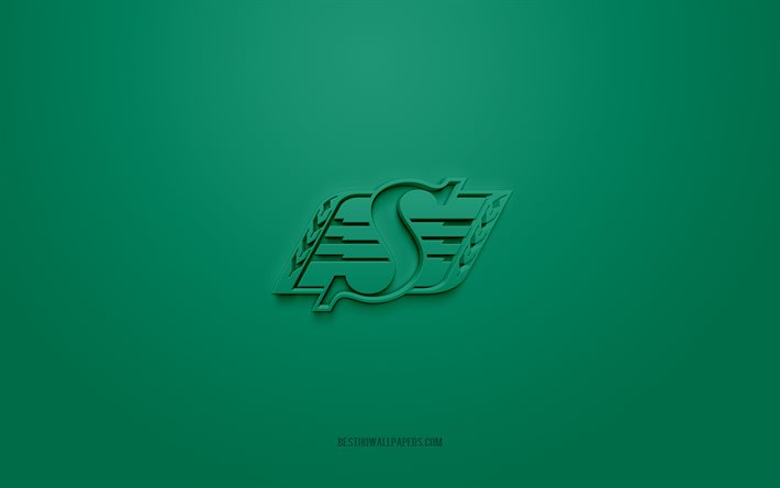 Saskatchewan Roughriders, Kanada futbol kul&#252;b&#252;, yaratıcı 3D logo, yeşil arka plan, Kanada Futbol Ligi, Saskatchewan, Kanada, CFL, Amerikan futbolu, Saskatchewan Roughriders 3d logosu