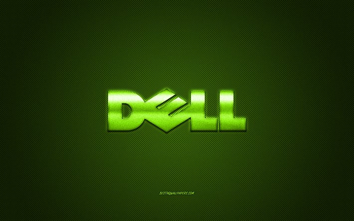 Dell logo, green carbon background, Dell metal logo, Dell green emblem, Dell, green carbon texture