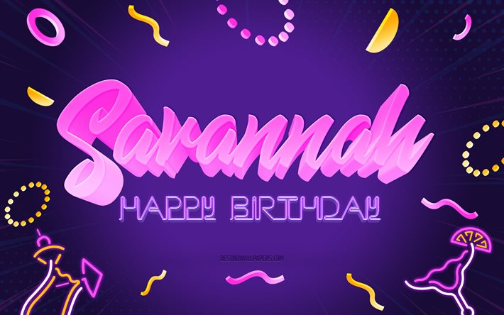 ハッピーバースデー サバンナ, 4k, 紫のパーティーの背景, サバナCity in Georgia USA, クリエイティブアート, 幸せなサバンナの誕生日, サバンナの名前, サバンナ誕生日, 誕生日パーティーの背景