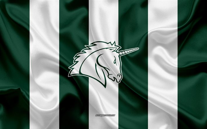 Schwabisch Unicorns, German American Football Club, GFL, bandiera di seta bianca verde, logo Schwabisch Unicorns, Lega calcio tedesca, Football Americano, Schw&#228;bisch Hall, Germania