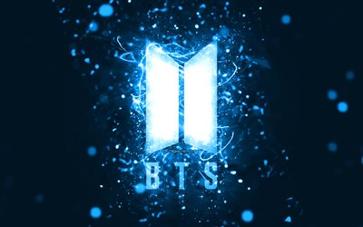 BTS blue logo, 4k, blue neon lights, creative, blue abstract background, Bangtan Boys, BTS logo, music stars, BTS, Bangtan Boys logo