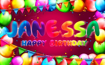 Happy Birthday Janessa, 4k, colorful balloon frame, Janessa name, purple background, Janessa Happy Birthday, Janessa Birthday, popular american female names, Birthday concept, Janessa