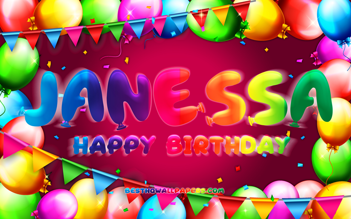joyeux anniversaire janessa, 4k, cadre de ballon color&#233;, nom janessa, fond violet, janessa joyeux anniversaire, anniversaire janessa, noms f&#233;minins am&#233;ricains populaires, concept d’anniversaire, janessa