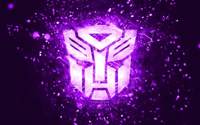 transformers logotipo violeta, 4k, luzes de neon violeta, criativo, fundo abstrato violeta, logotipo transformers, logotipos de cinema, transformers