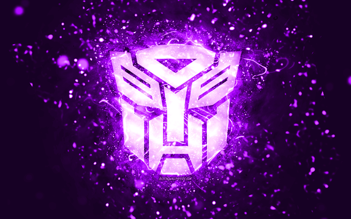 transformers violetti logo, 4k, violetit neonvalot, luova, violetti abstrakti tausta, transformers-logo, elokuvateatterin logot, transformers