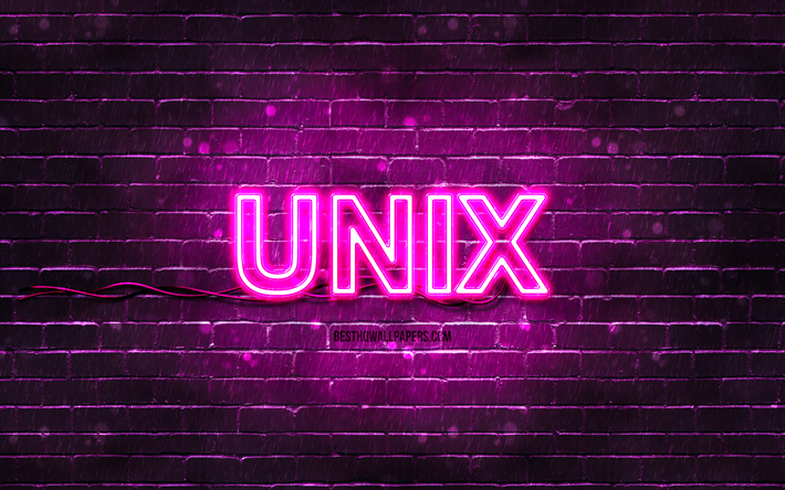 unix mor logo, 4k, mor tuğla duvar, unix logosu, işletim sistemleri, unix neon logosu, unix