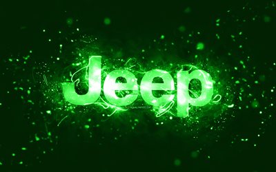ジープグリーンロゴ, 4k, 緑のネオンライト, 創造的な, 緑の抽象的な背景, ジープロゴ, 車のブランド, ジープ