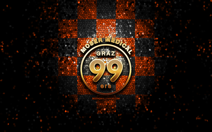 Graz 99ers, glitter logo, ICE Hockey League, orange black checkered background, hockey, austrian hockey team, Graz 99ers logo, mosaic art