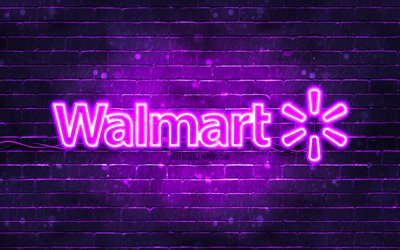 walmart violettes logo, 4k, violette ziegelmauer, walmart-logo, marken, walmart neon-logo, walmart