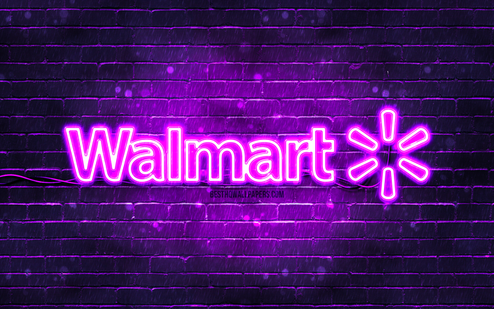 ウォルマート・バイオレットのロゴ, 4k, バイオレットレンガ壁, ウォルマートのロゴ, ブランド, ウォルマート・ネオンのロゴ, ウォルマート