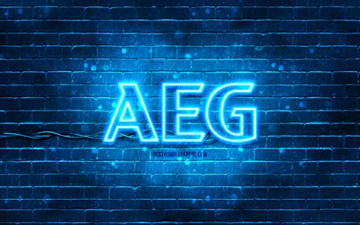 AEG blue logo, 4k, blue brickwall, AEG logo, brands, AEG neon logo, AEG