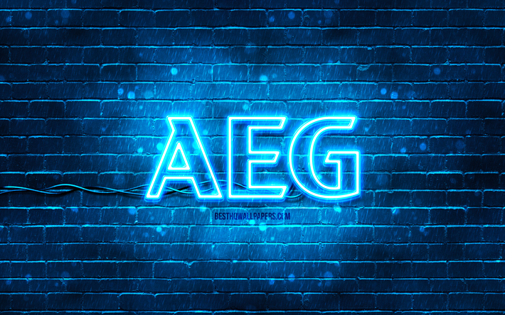 aeg blaues logo, 4k, blaue ziegelmauer, aeg logo, marken, aeg neon logo, aeg