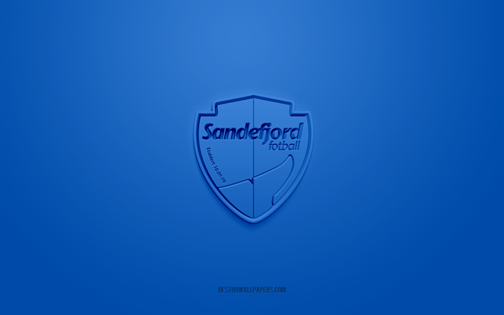 sandefjord fotball, kreativ 3d-logotyp, bl&#229; bakgrund, eliteserien, 3d emblem, norsk fotbollsklubb, norge, 3d-konst, fotboll, sandefjord fotball 3d-logotyp
