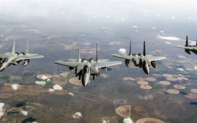 mcdonnell douglas f-15e strike eagle, amerikanischer jagdbomber, f-15e, us air force, kampfflugzeug am himmel, milit&#228;rflugzeug