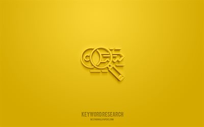 ricerca di parole chiave icona 3d, sfondo giallo, simboli 3d, ricerca di parole chiave, icone seo, icone 3d, segno di ricerca di parole chiave, icone seo 3d