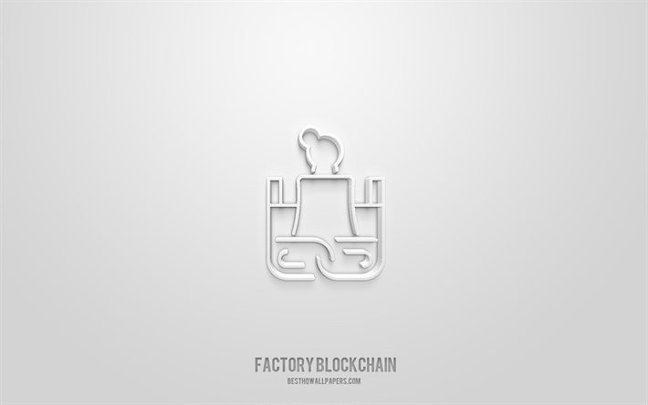 blockchain factory 3d simgesi, beyaz arka plan, 3d semboller, blockchain fabrikası, kripto para simgeleri, 3d simgeleri, blockchain fabrikası işareti, kripto para birimi 3d simgeleri
