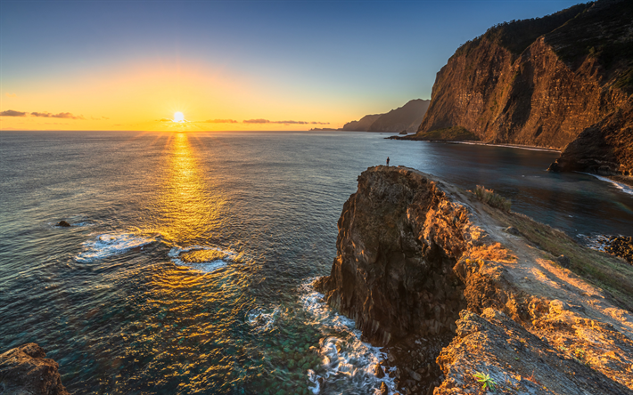 Faial, ocean coast, sunset, Mirador de Guindaste, evening, Atlantic Ocean, mountains, rocks, Portugal