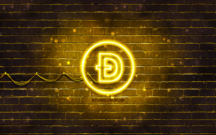 Dogecoin yellow logo, 4k, yellow brickwall, Dogecoin logo, cryptocurrency, Dogecoin neon logo, Dogecoin