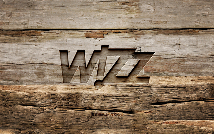 Wizz Air wooden logo, 4K, wooden backgrounds, brands, Wizz Air logo, creative, wood carving, Wizz Air
