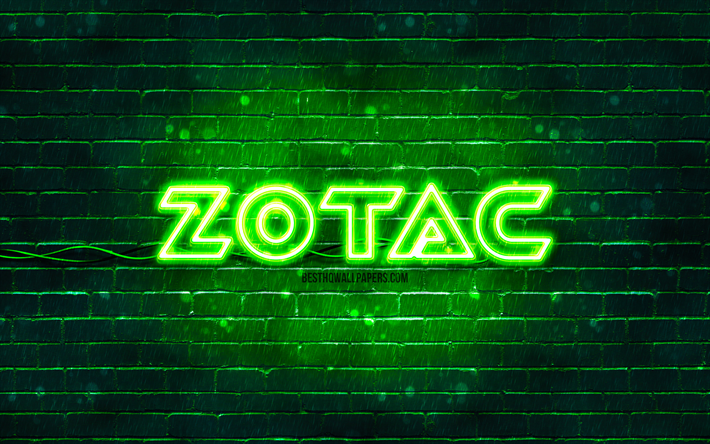 logotipo verde zotac, 4k, parede de tijolos verdes, logotipo zotac, marcas, logotipo neon zotac, zotac