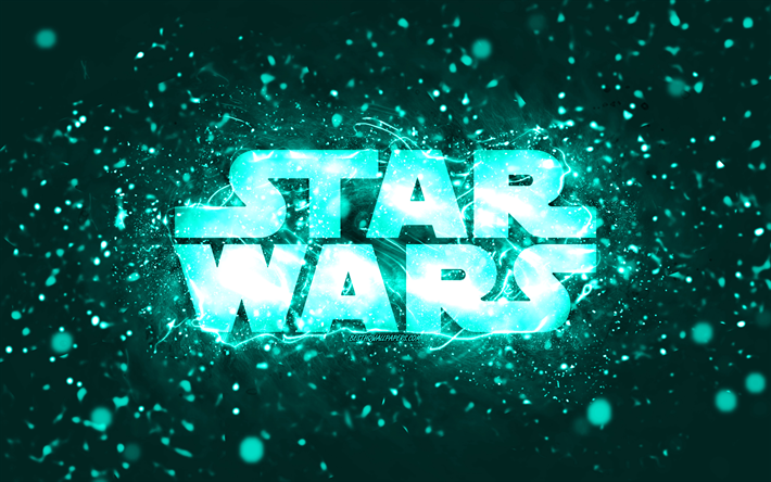 Star Wars turquoise logo, 4k, turquoise neon lights, creative, turquoise abstract background, Star Wars logo, brands, Star Wars