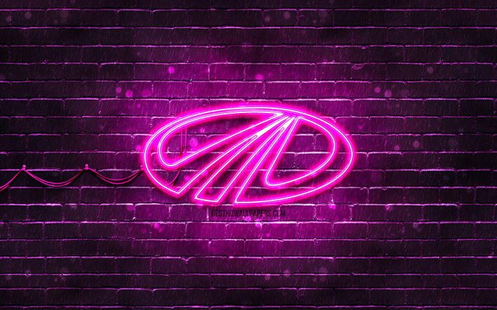 mahindra violetti logo, 4k, violetti tiilisein&#228;, mahindra-logo, tuotemerkit, mahindra neon logo, mahindra