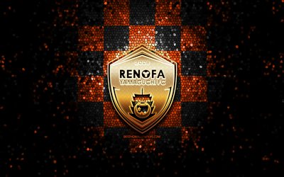 Renofa Yamaguchi FC, glitter logo, J2 League, orange black checkered background, soccer, japanese football club, Renofa Yamaguchi logo, mosaic art, football, Renofa Yamaguchi