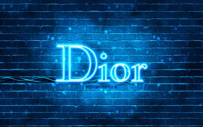 dior sininen logo, 4k, sininen tiilisein&#228;, dior-logo, muotimerkit, dior neon -logo, dior
