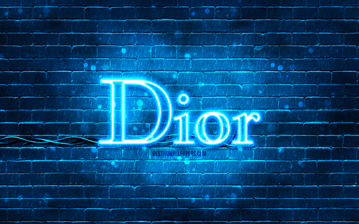 logotipo azul dior, 4k, parede de tijolos azuis, logotipo da dior, marcas de moda, logotipo neon da dior, dior