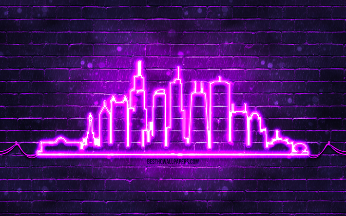 chicago menekşe neon siluet, 4k, menekşe neon ışıklar, chicago sil&#252;et siluet, menekşe tuğla duvar, amerikan şehirleri, neon sil&#252;et siluetleri, abd, chicago siluet, chicago