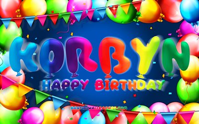 buon compleanno korbyn, 4k, cornice a palloncino colorata, nome korbyn, sfondo blu, korbyn buon compleanno, compleanno korbyn, nomi maschili americani popolari, concetto di compleanno, korbyn