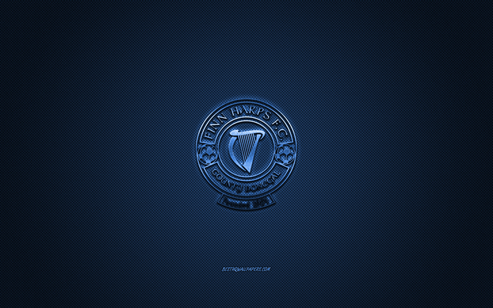 finn harps fc, irischer fu&#223;ballverein, blaues logo, blauer kohlefaserhintergrund, league of ireland premier division, fu&#223;ball, finn park, irland, finn harps fc logo