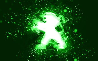 بيجو شعار أخضر, 4k, أضواء النيون الخضراء, مبدع, خلفية تجريدية خضراء, شعار بيجو, ماركات السيارات, بيجو