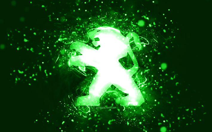 プジョーグリーンロゴ, 4k, 緑のネオンライト, 創造的な, 緑の抽象的な背景, プジョーのロゴ, 車のブランド, プジョー