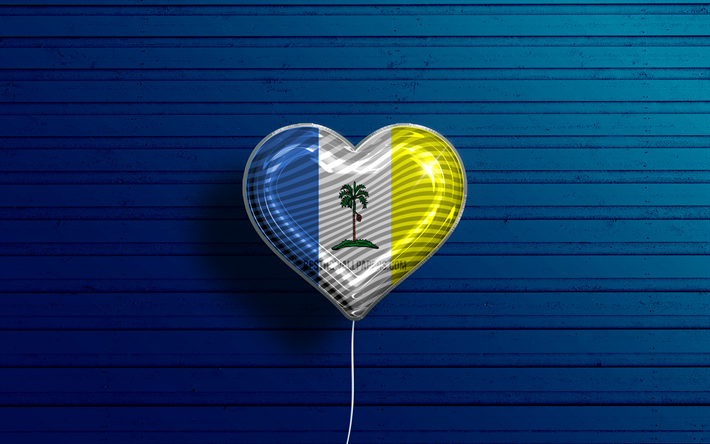 アイ ラブ ペナン, 4k, 現実的な風船, 青い木製の背景, ペナンの日, マレーシアの州, ペナンの旗, マレーシア, 旗付きバルーン, ペナンフラグ, ペナン