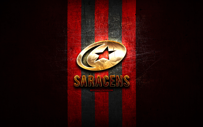saracens fc, logotipo dorado, premiership rugby, fondo de metal rojo, club de rugby ingl&#233;s, logotipo de saracens fc, rugby