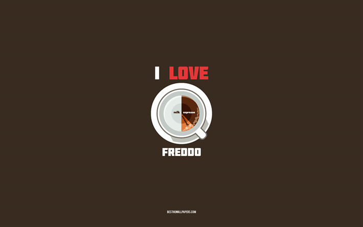 وصفة فريدو, 4k, كوب مع مكونات فريدو, أنا أحب فريدو القهوة, خلفية بنية اللون, القهوة الباردة, وصفات القهوة, مكونات فريدو