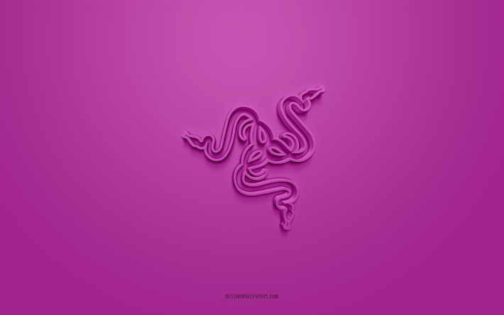レイザー 3d ロゴ, 紫の背景, 3dアート, レイザーエンブレム, レイザーロゴ, クリエイティブな3dアート, レイザー, 紫色の razer ロゴ