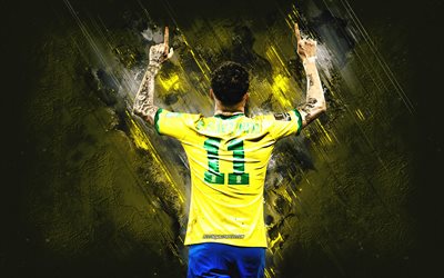 philippe coutinho, brasilian jalkapallomaajoukkue, brasilialainen jalkapalloilija, keltainen kivitausta, coutinho brasilia, grunge art, jalkapallo