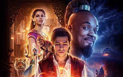 Aladdin, 2019, 4k, poster, promo, Mena Massoud, Naomi Grace Scott, Will Smith