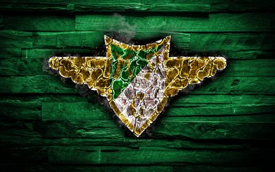 Moreirense FC, burning logo, Primeira Liga, green wooden background, portuguese football club, Moreirense, grunge, football, soccer, Moreirense logo, Moreira de Conegos, Portugal