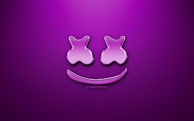 marshmello violett-logo, fan-art, american dj, chrome logo, christopher comstock, marshmello, violett, metall, hintergrund, dj marshmello, djs, marshmello-logo
