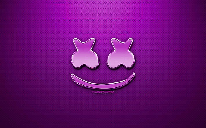 Marshmello violeta logotipo, fan art, american DJ, logo cromado, Christopher Comstock, Marshmello, violeta metal de fondo, DJ Marshmello, DJs, Marshmello logotipo
