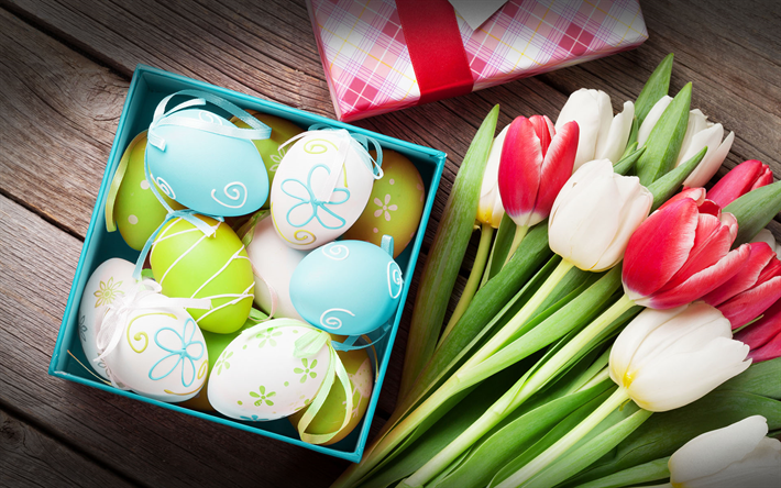 Easter eggs, bouquet of tulips, spring flowers, Easter background, spring, Easter, wooden background
