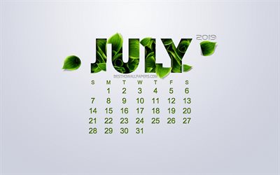 2019 يوليو التقويم, خلفية بيضاء, eco التقويم, الأوراق الخضراء ،, الخضار مفهوم, 2019 المفاهيم, التقويم لشهر يوليو 2019, الفنون الإبداعية