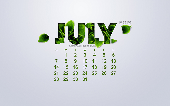 2019 luglio Calendario, sfondo bianco, un eco-calendario, foglie verdi, verdure concetto, 2019 concetti, in calendario per il mese di luglio 2019, arte creativa