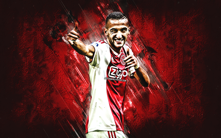 Hakim Ziyech, Ajax FC, Netherlands footballer, midfielder, red stone background, creative art, famous footballers, Ajax