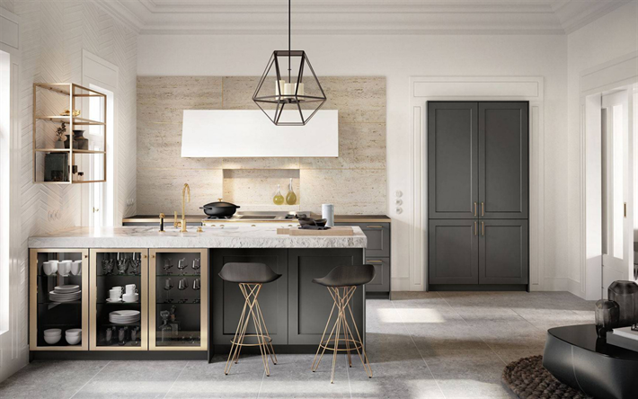 stylish kitchen interior, modern interior design, kitchen, classic style, light marble tiles for the kitchen