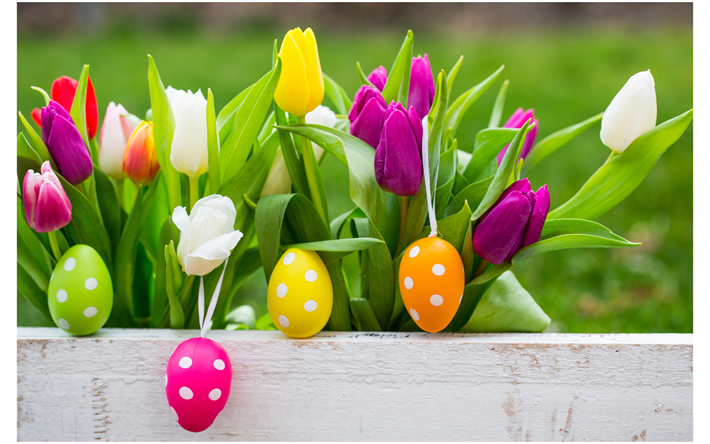 multicolore tulipani, Pasqua, primavera, sfondo, uova di Pasqua, uova dipinte, creativo di Pasqua sfondo